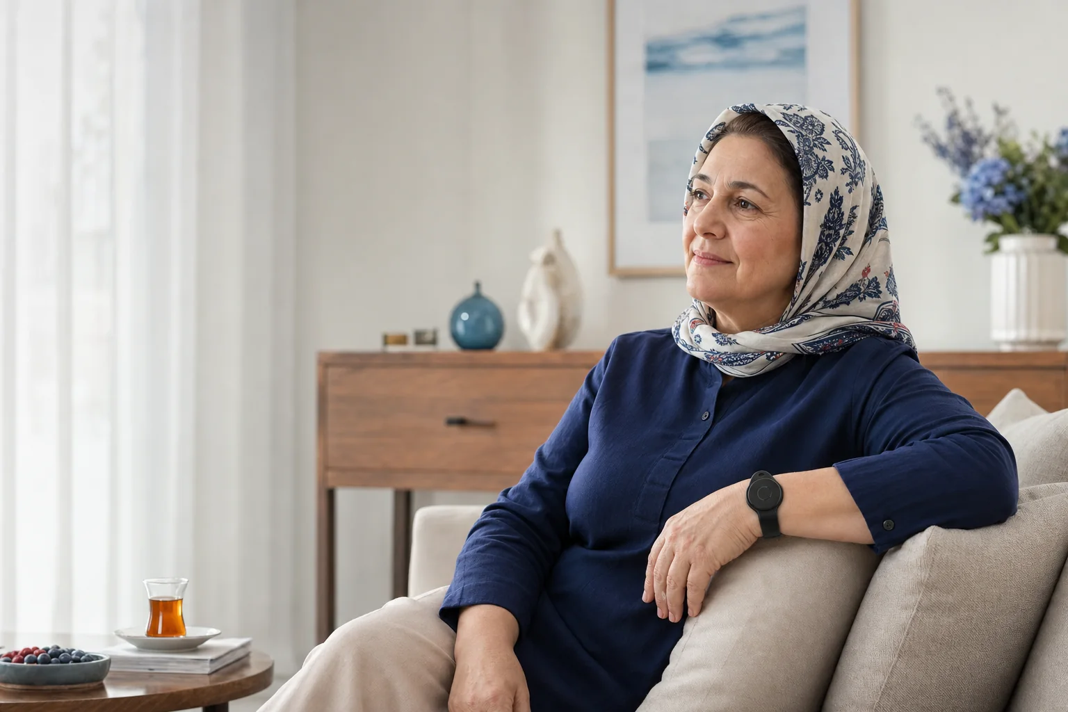 Evinde fiziksel yardım butonunu bileğinde taşıyan bir kullanıcı